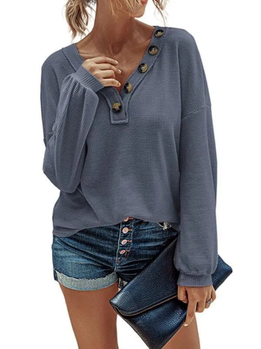 NWT Epretty Long Sleeve Button V-Neck Blue - RUNS BIG | FREE SHIPPING